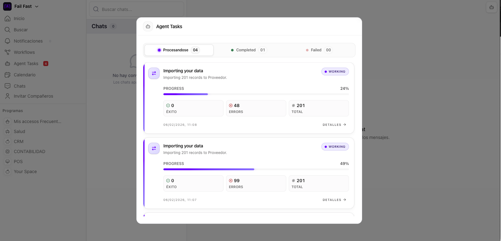Fail Fast Agent Tasks screen importing data during onboarding
